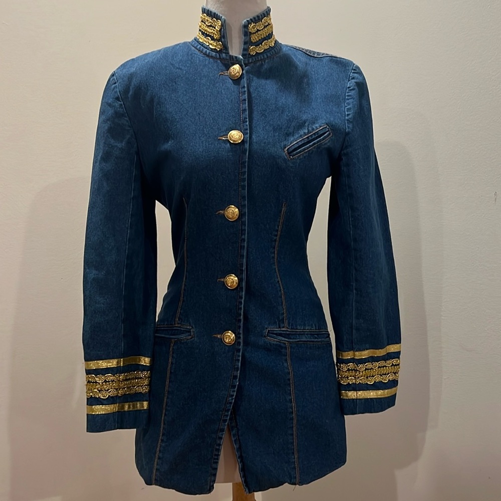 Lew Magram long blue and gold embroidery long sleeve denim jacket, size 4